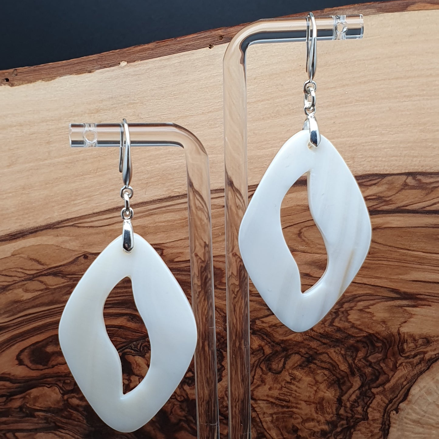 White Mother Of Pearl Geometric Boho Earrings Long Dangle Drop