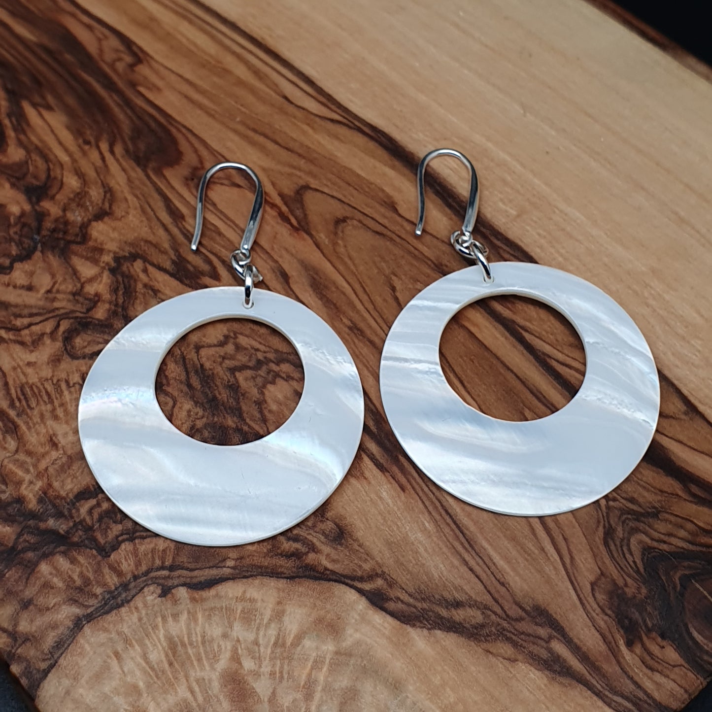 White Mother Of Pearl Hoop Earrings Long Dangle Drop