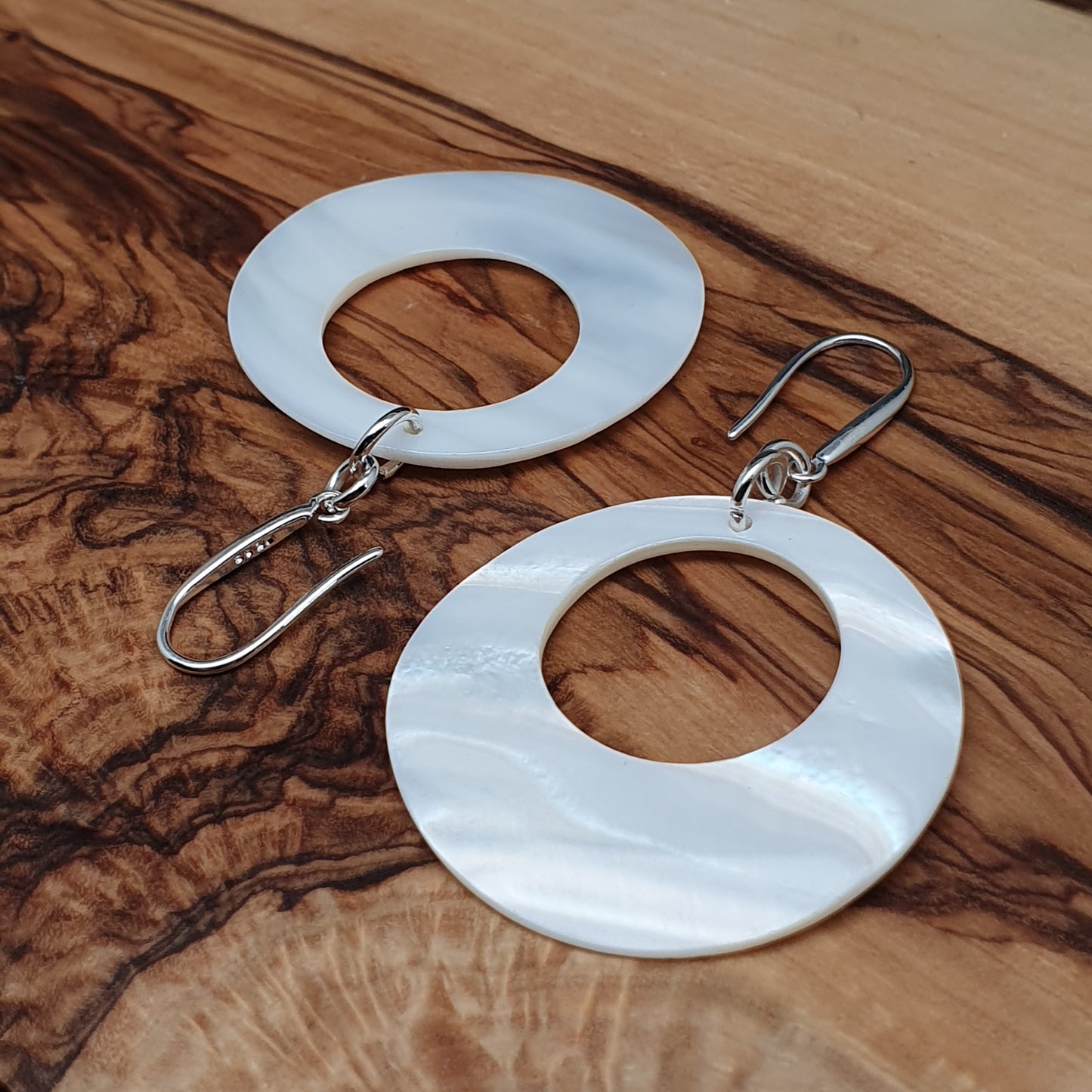 White Mother Of Pearl Hoop Earrings Long Dangle Drop