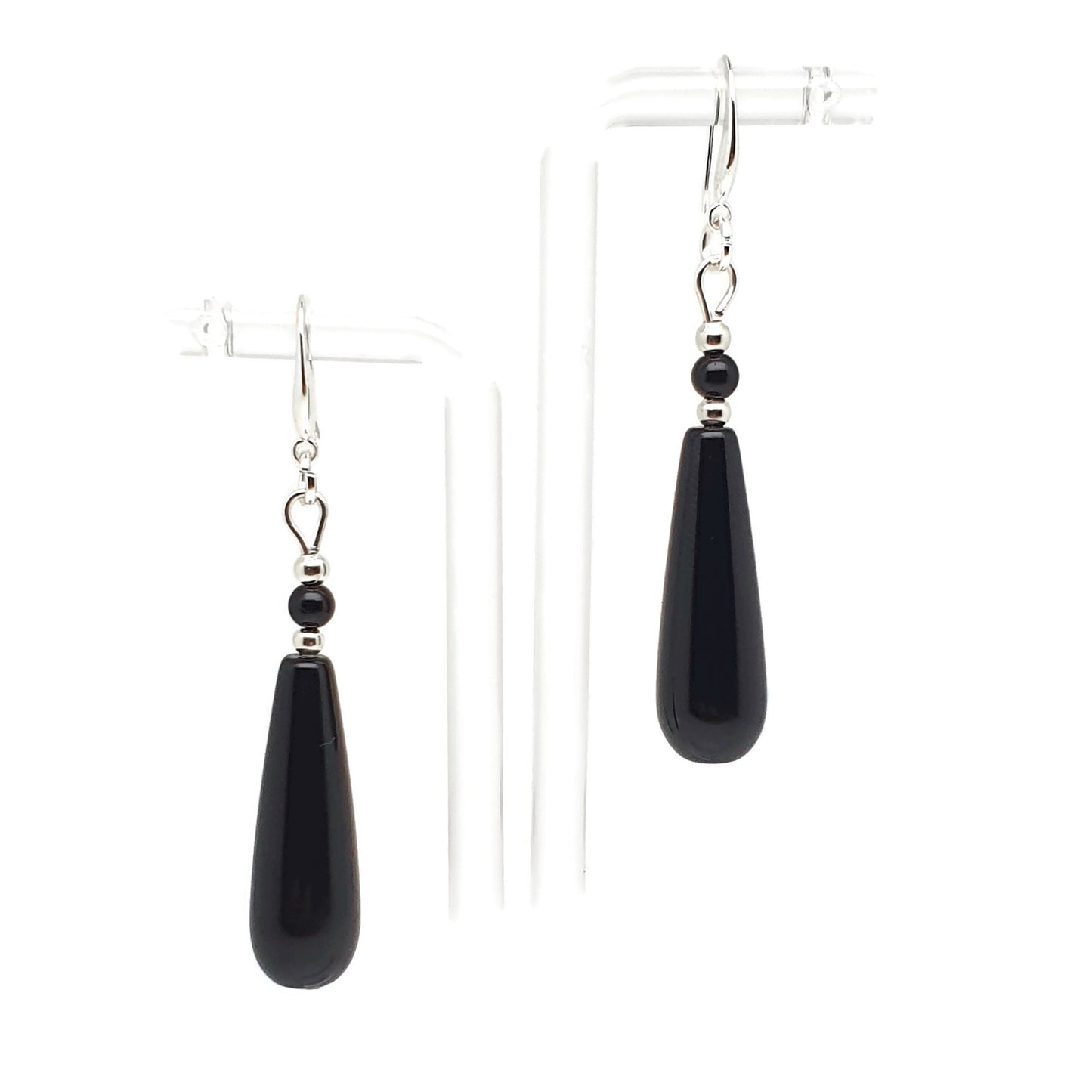 Black Agate Slim Teardrop Dangle Drop Boho Earrings