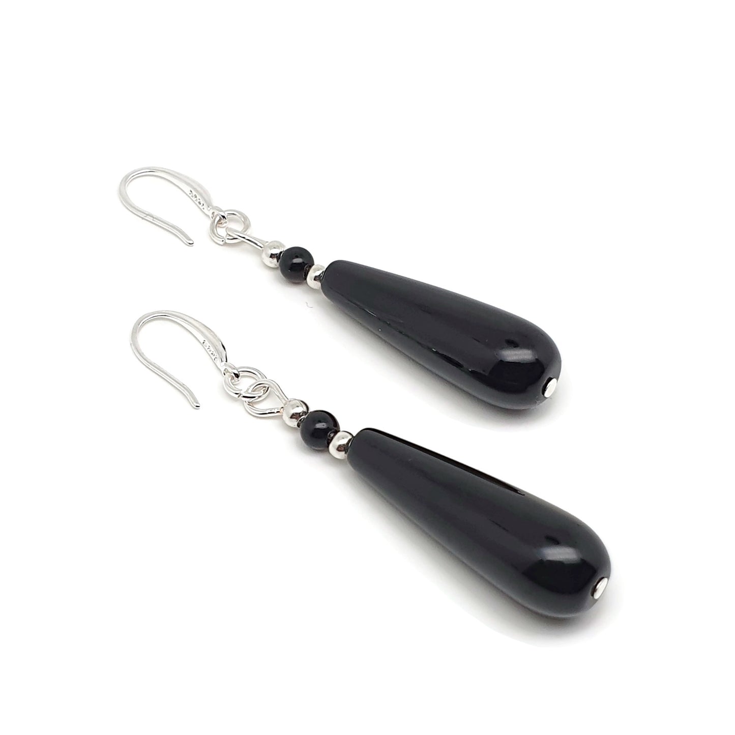 Black Agate Slim Teardrop Dangle Drop Boho Earrings