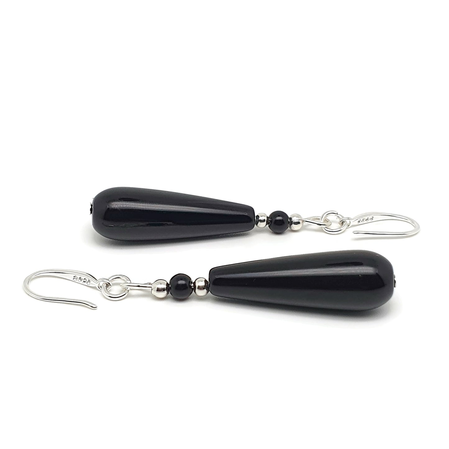 Black Agate Slim Teardrop Dangle Drop Boho Earrings