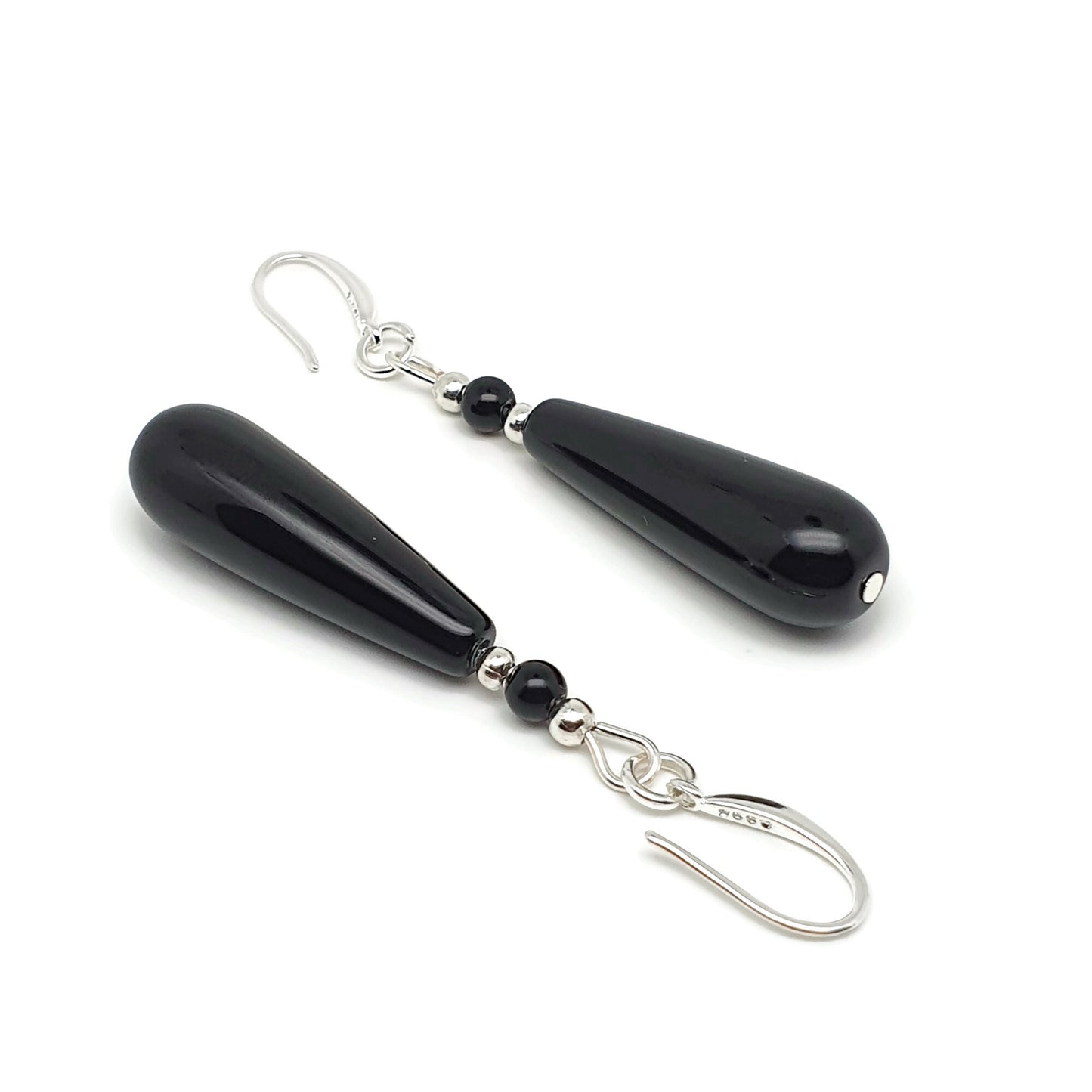 Black Agate Slim Teardrop Dangle Drop Boho Earrings