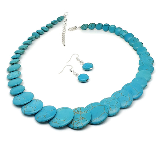 Dyed Blue Howlite Beaded Graduated Collar Boho Necklace And Dangle Drop Earrings Set