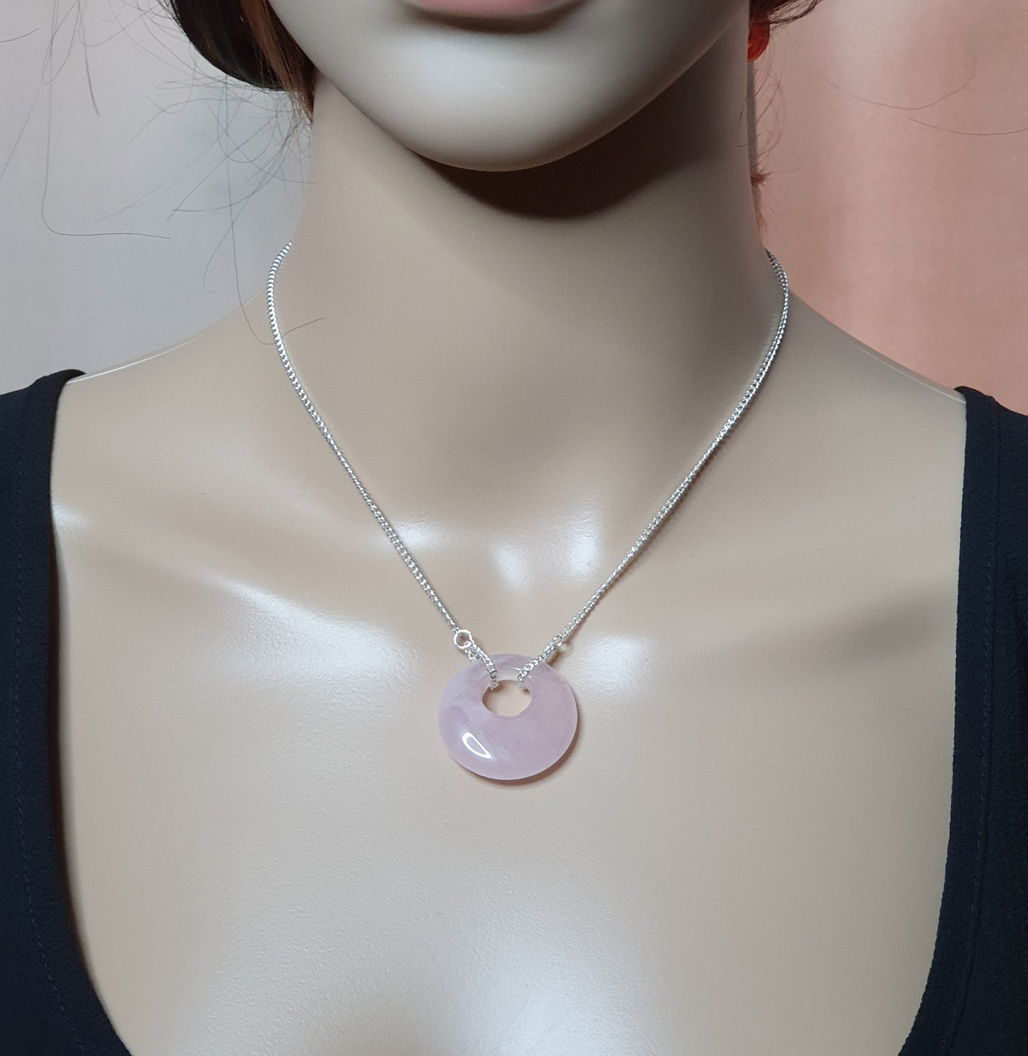 Rose Quartz Collar Boho Necklace Chunky Round Pendant Silver Plated Adjustable Chain