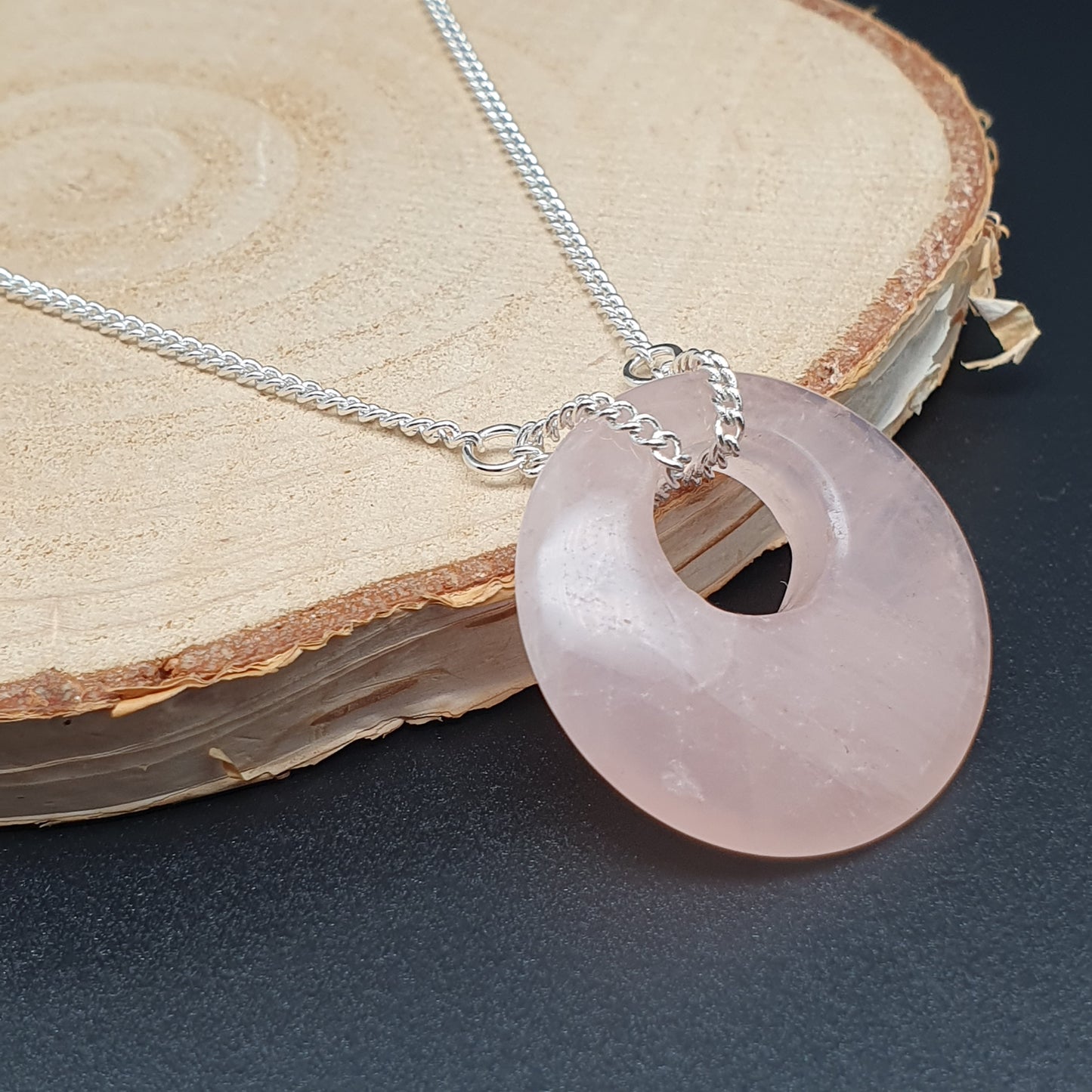 Rose Quartz Collar Boho Necklace Chunky Round Pendant Silver Plated Adjustable Chain