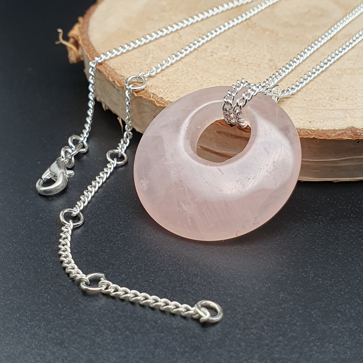 Rose Quartz Collar Boho Necklace Chunky Round Pendant Silver Plated Adjustable Chain