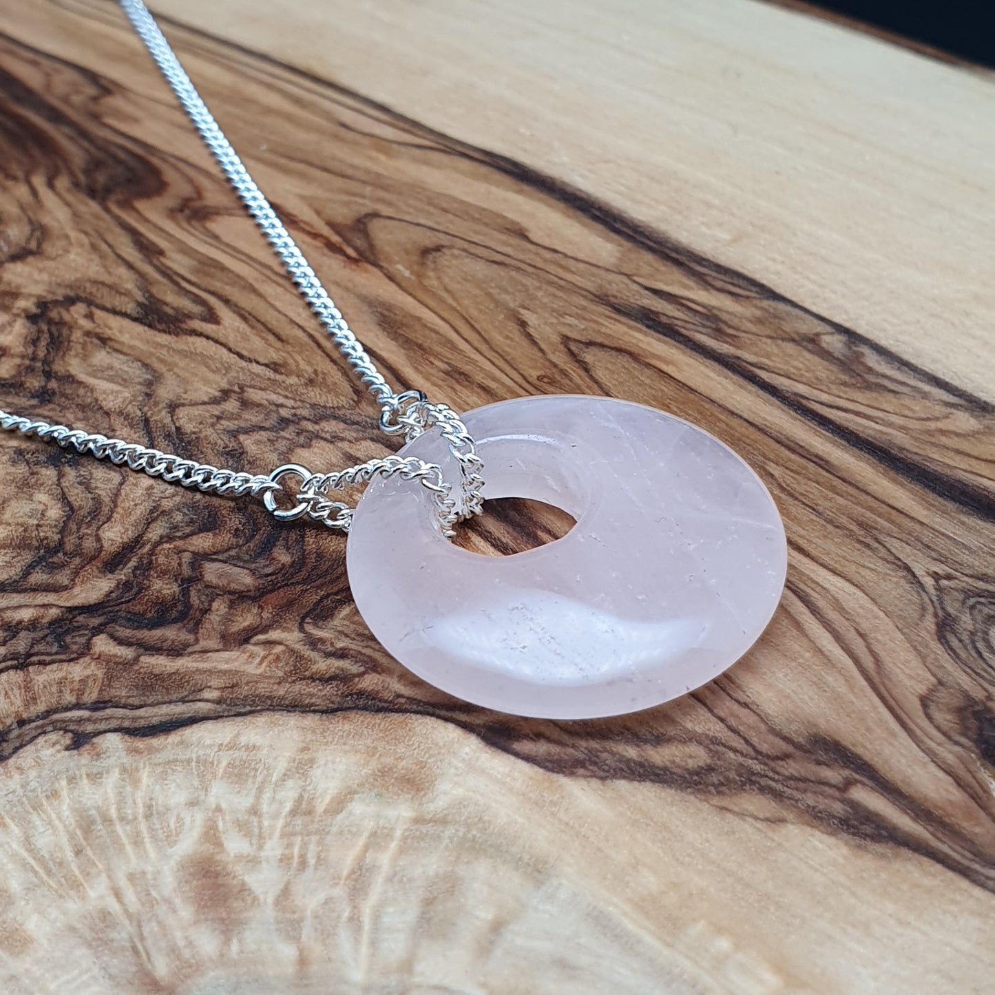 Rose Quartz Collar Boho Necklace Chunky Round Pendant Silver Plated Adjustable Chain