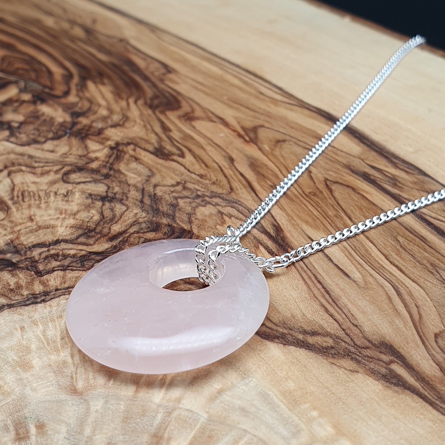 Rose Quartz Collar Boho Necklace Chunky Round Pendant Silver Plated Adjustable Chain