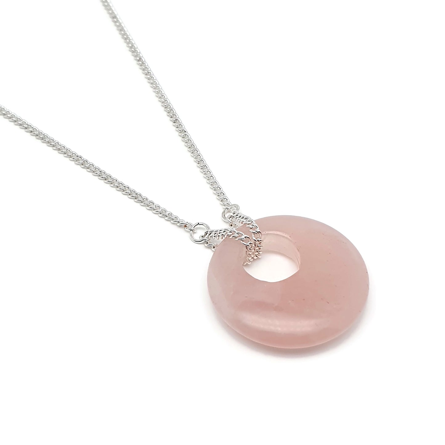 Rose Quartz Collar Boho Necklace Chunky Round Pendant Silver Plated Adjustable Chain