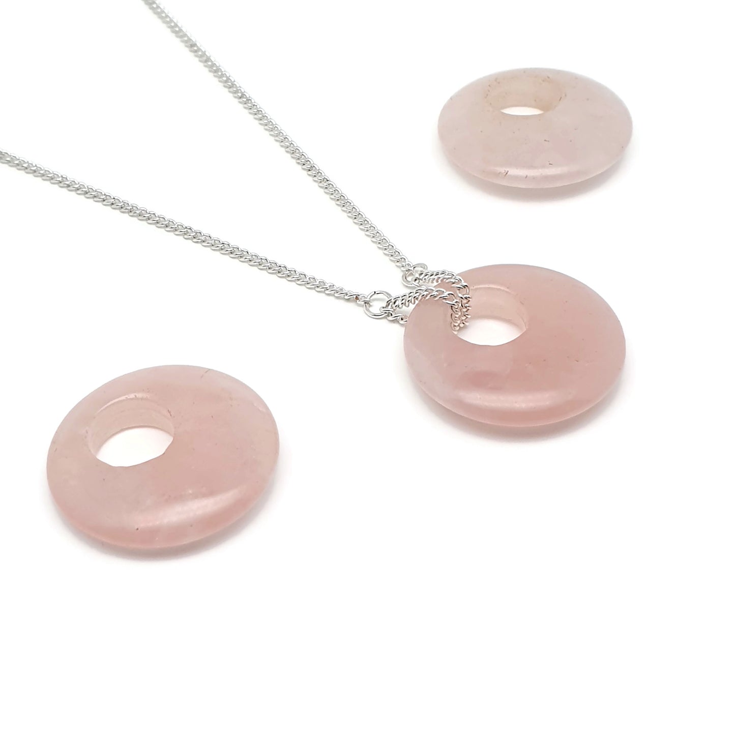 Rose Quartz Collar Boho Necklace Chunky Round Pendant Silver Plated Adjustable Chain