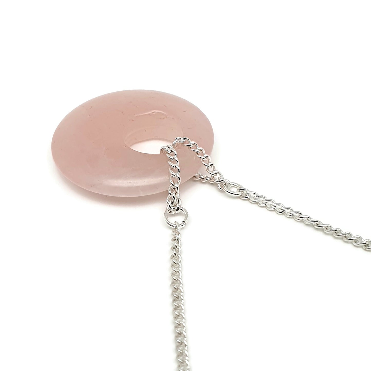 Rose Quartz Collar Boho Necklace Chunky Round Pendant Silver Plated Adjustable Chain