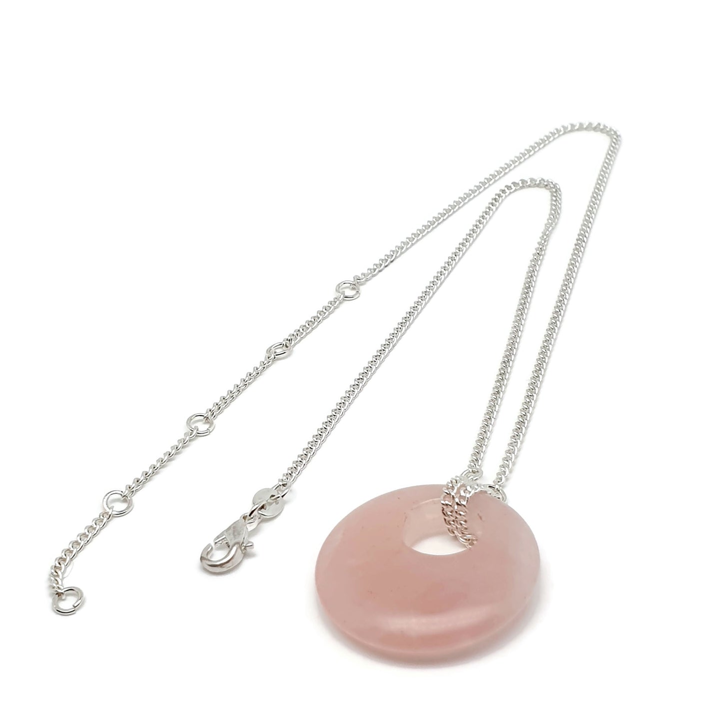 Rose Quartz Collar Boho Necklace Chunky Round Pendant Silver Plated Adjustable Chain