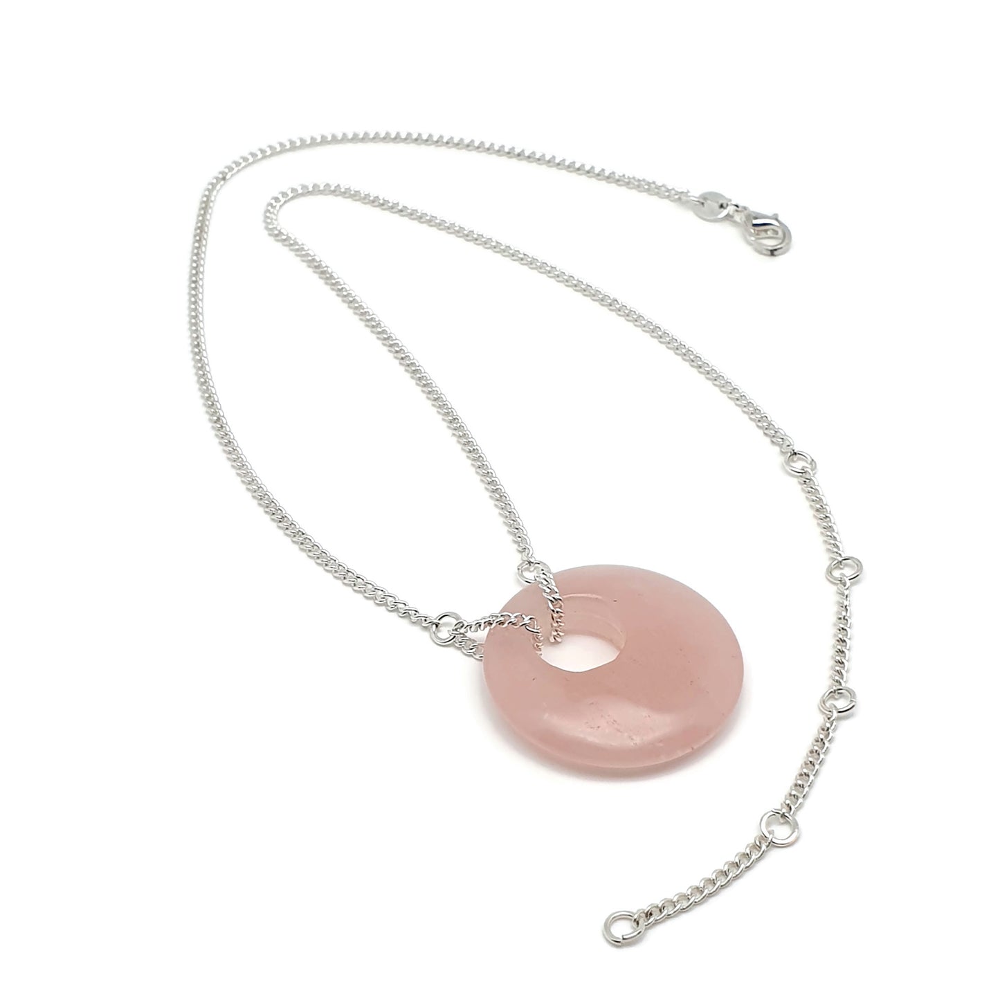 Rose Quartz Collar Boho Necklace Chunky Round Pendant Silver Plated Adjustable Chain