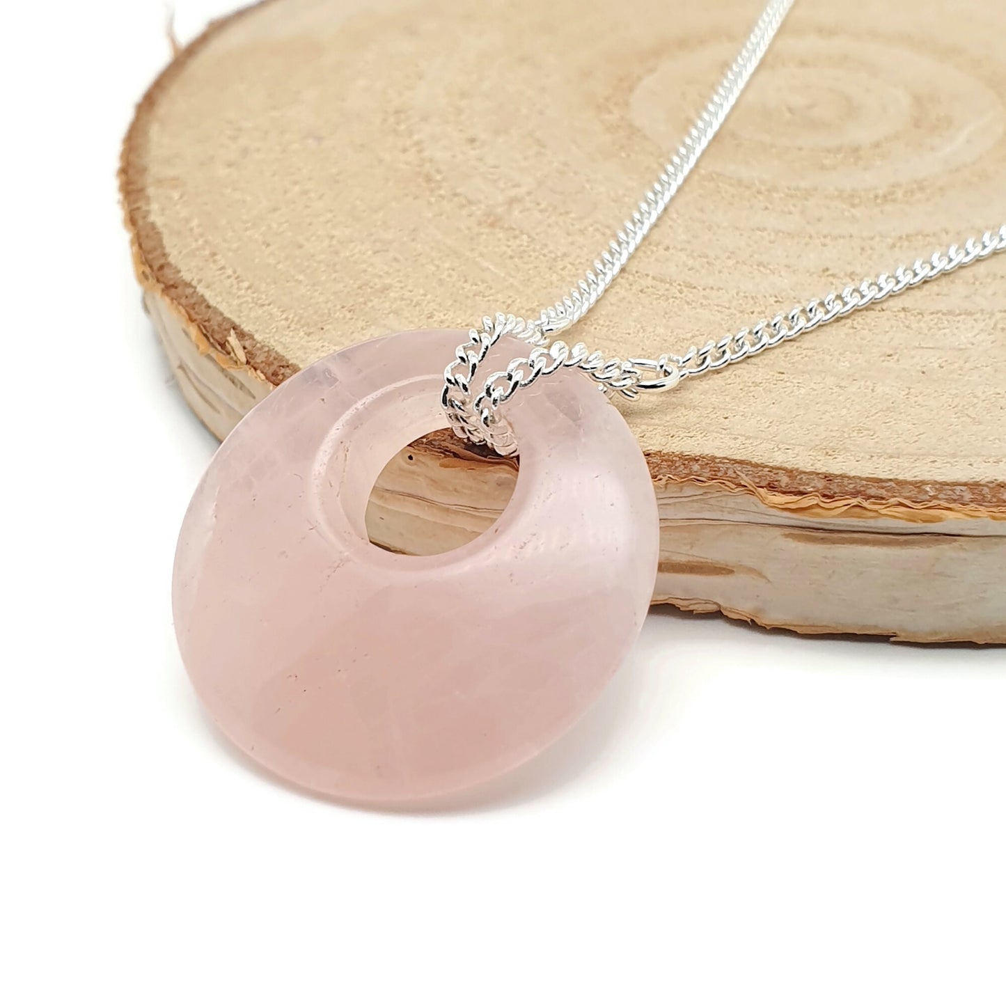 Rose Quartz Collar Boho Necklace Chunky Round Pendant Silver Plated Adjustable Chain