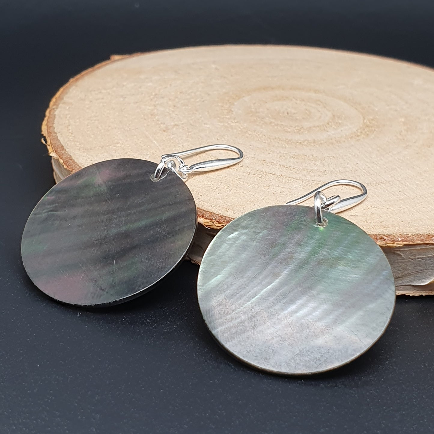 Dark Abalone Disc Earrings Natural Sea Shell Long Dangle Drop