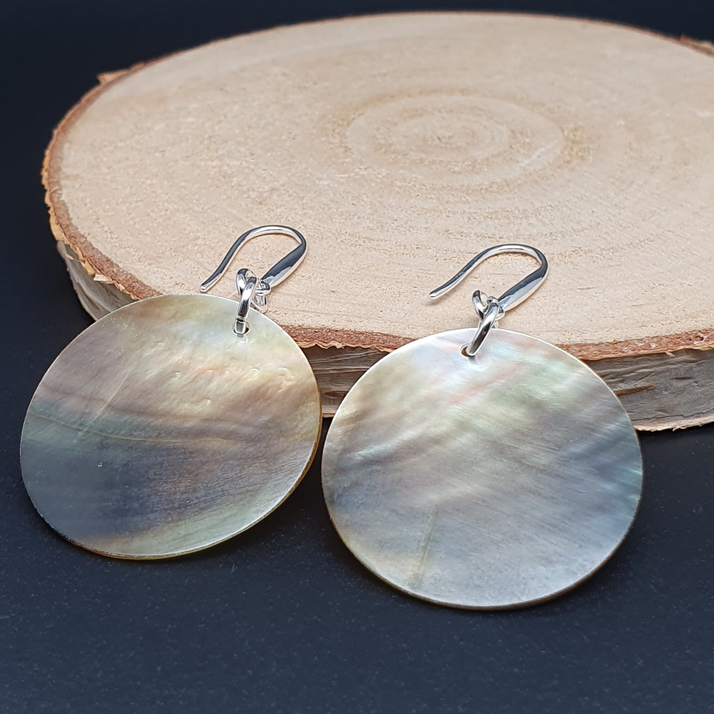 Dark Abalone Disc Earrings Natural Sea Shell Long Dangle Drop