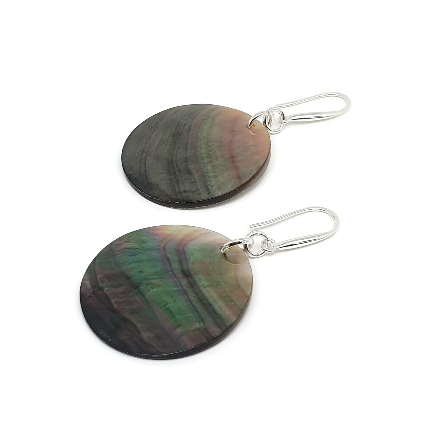 Dark Abalone Disc Earrings Natural Sea Shell Long Dangle Drop