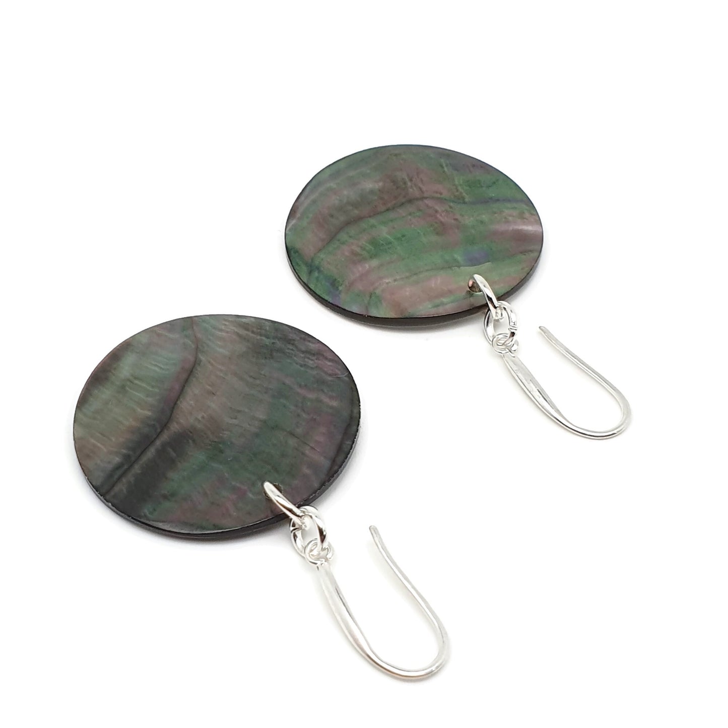 Dark Abalone Disc Earrings Natural Sea Shell Long Dangle Drop