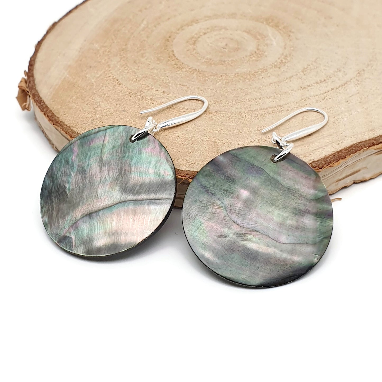 Dark Abalone Disc Earrings Natural Sea Shell Long Dangle Drop