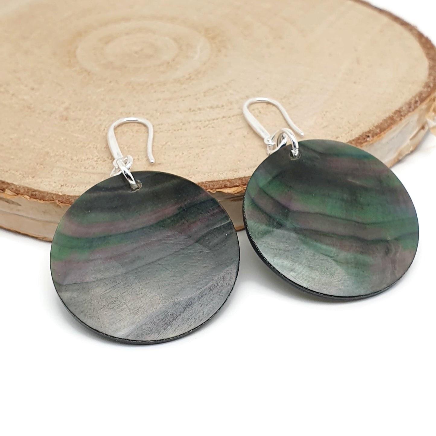 Dark Abalone Disc Earrings Natural Sea Shell Long Dangle Drop