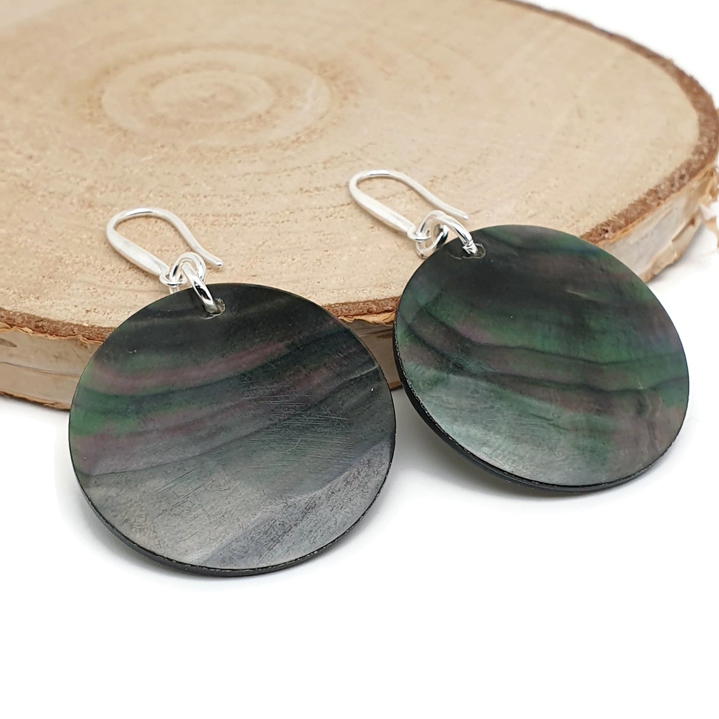 Dark Abalone Disc Earrings Natural Sea Shell Long Dangle Drop