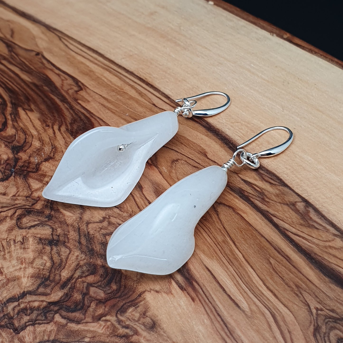 White Jade Calla Lily Flower Beaded Dangle Drop Boho Earrings