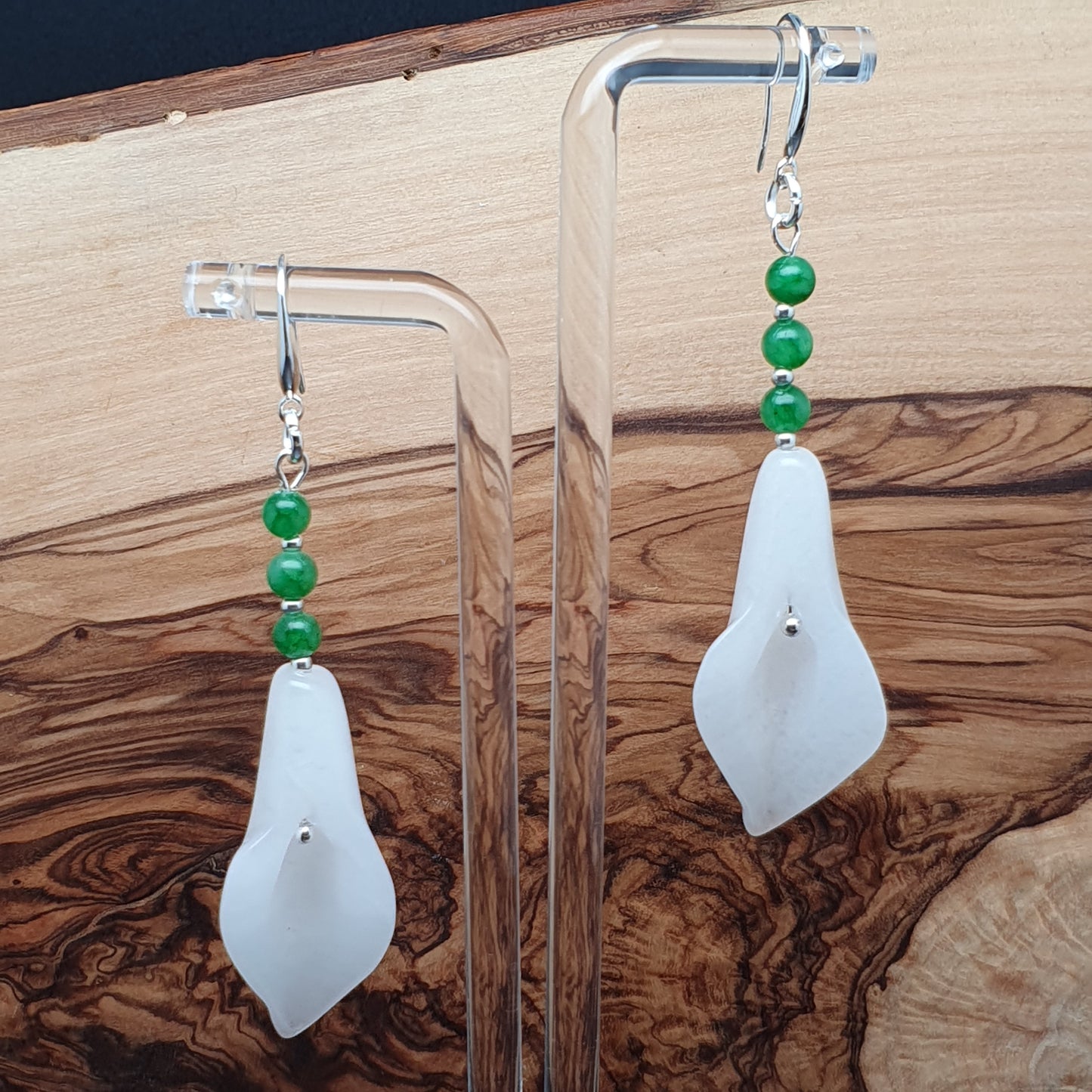 White Jade Calla Lily Flower Beaded Dangle Drop Boho Earrings