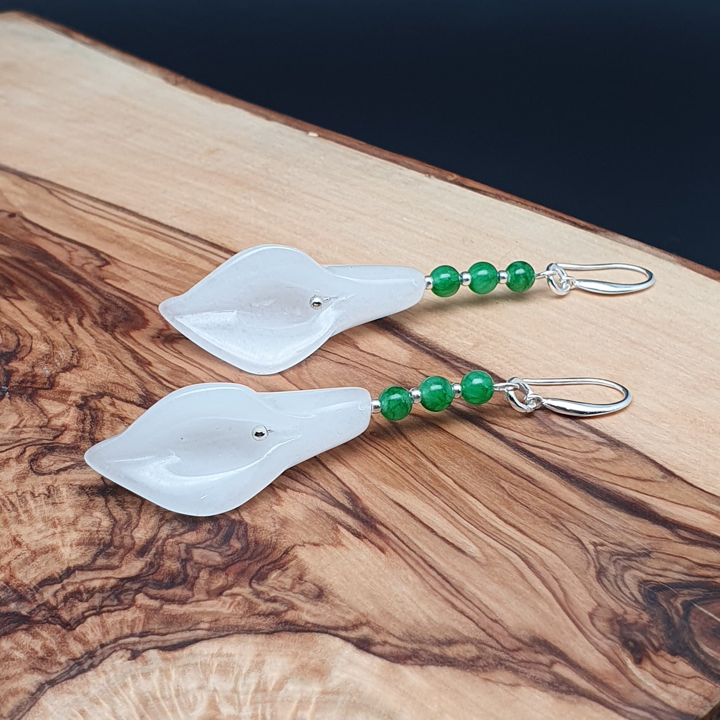 White Jade Calla Lily Flower Beaded Dangle Drop Boho Earrings