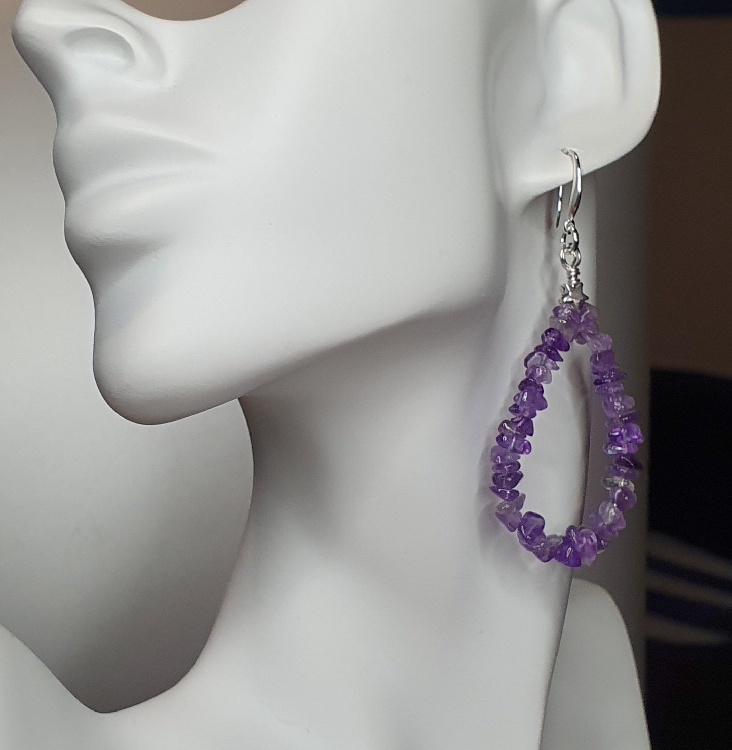 Purple Amethyst Teardrop Boho Earrings Long Dangle Drop Beaded Crystal Nuggets