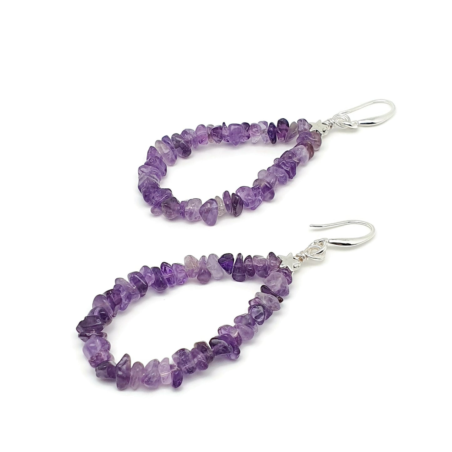 Purple Amethyst Teardrop Boho Earrings Long Dangle Drop Beaded Crystal Nuggets