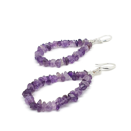 Purple Amethyst Teardrop Boho Earrings Long Dangle Drop Beaded Crystal Nuggets