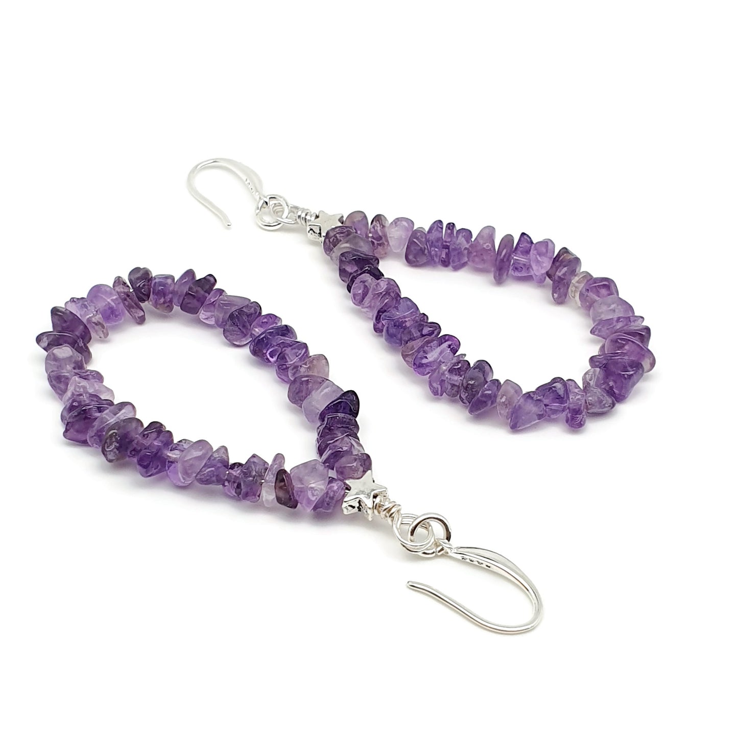 Purple Amethyst Teardrop Boho Earrings Long Dangle Drop Beaded Crystal Nuggets