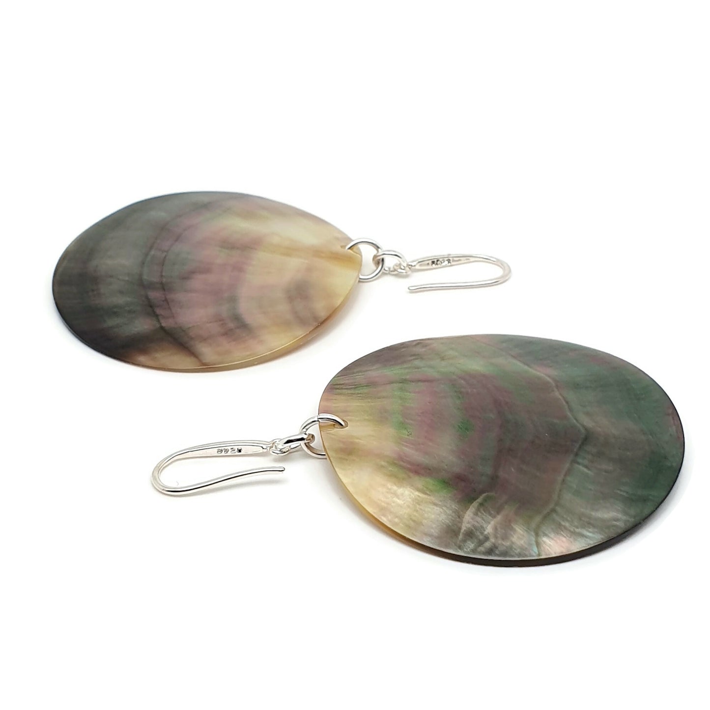 Dark Abalone Disc Earrings Natural Sea Shell Long Dangle Drop