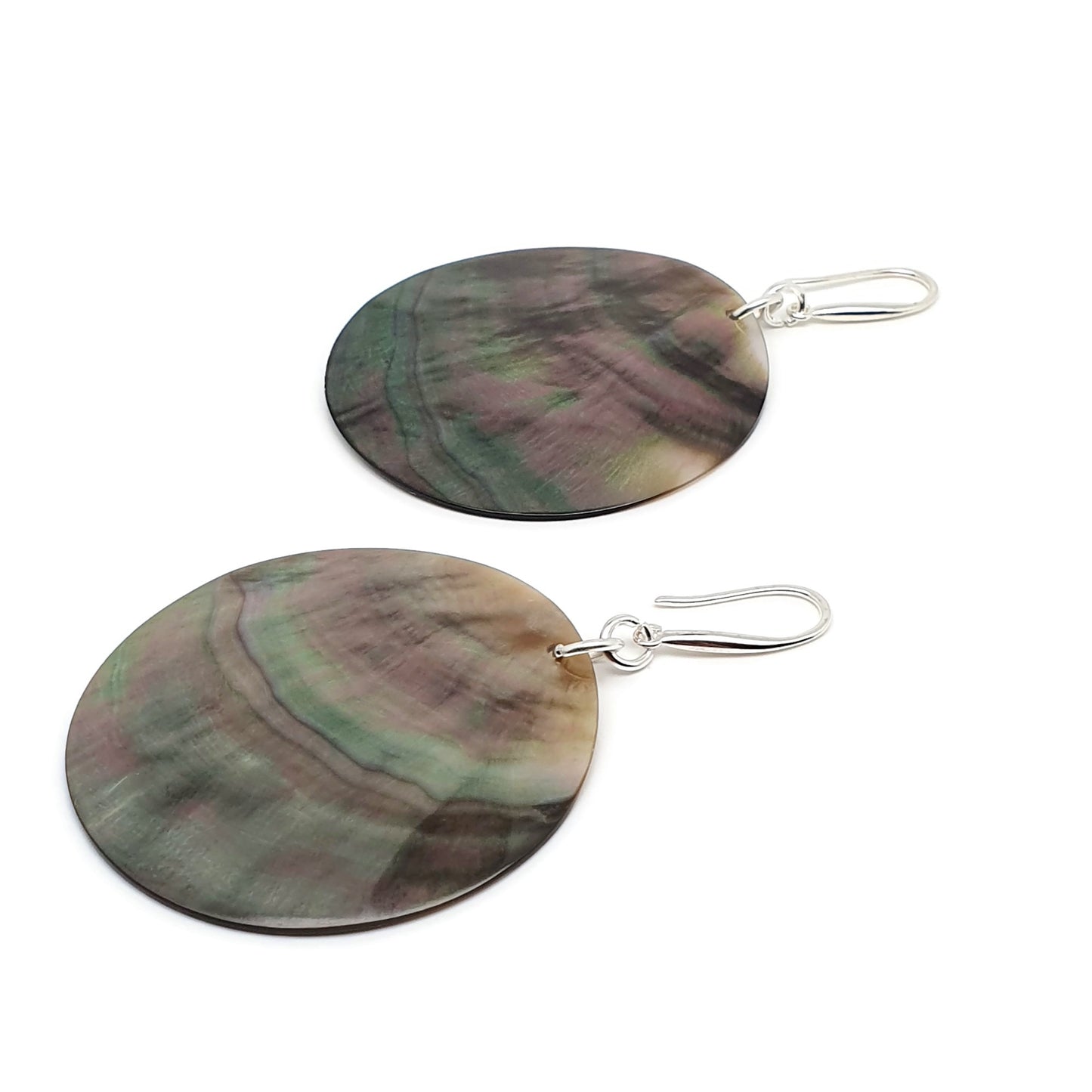 Dark Abalone Disc Earrings Natural Sea Shell Long Dangle Drop