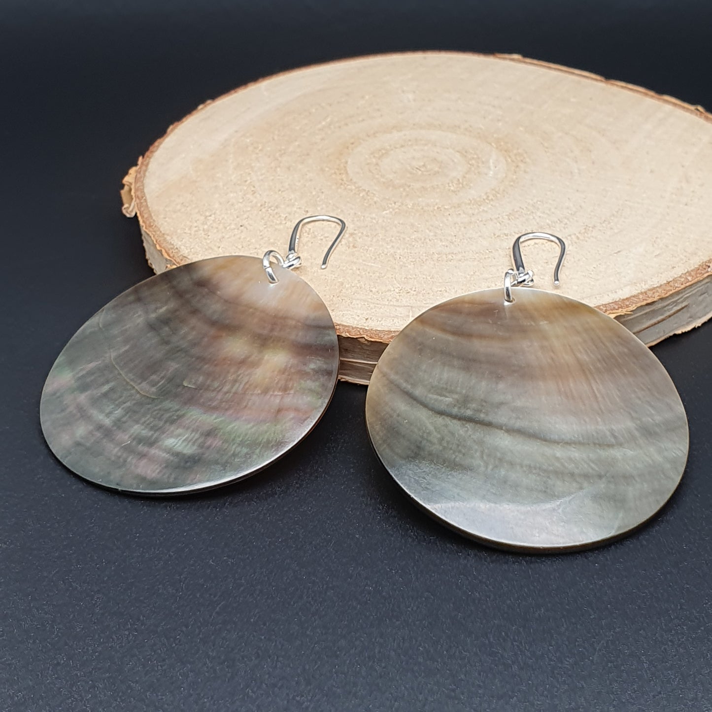 Dark Abalone Disc Earrings Natural Sea Shell Long Dangle Drop