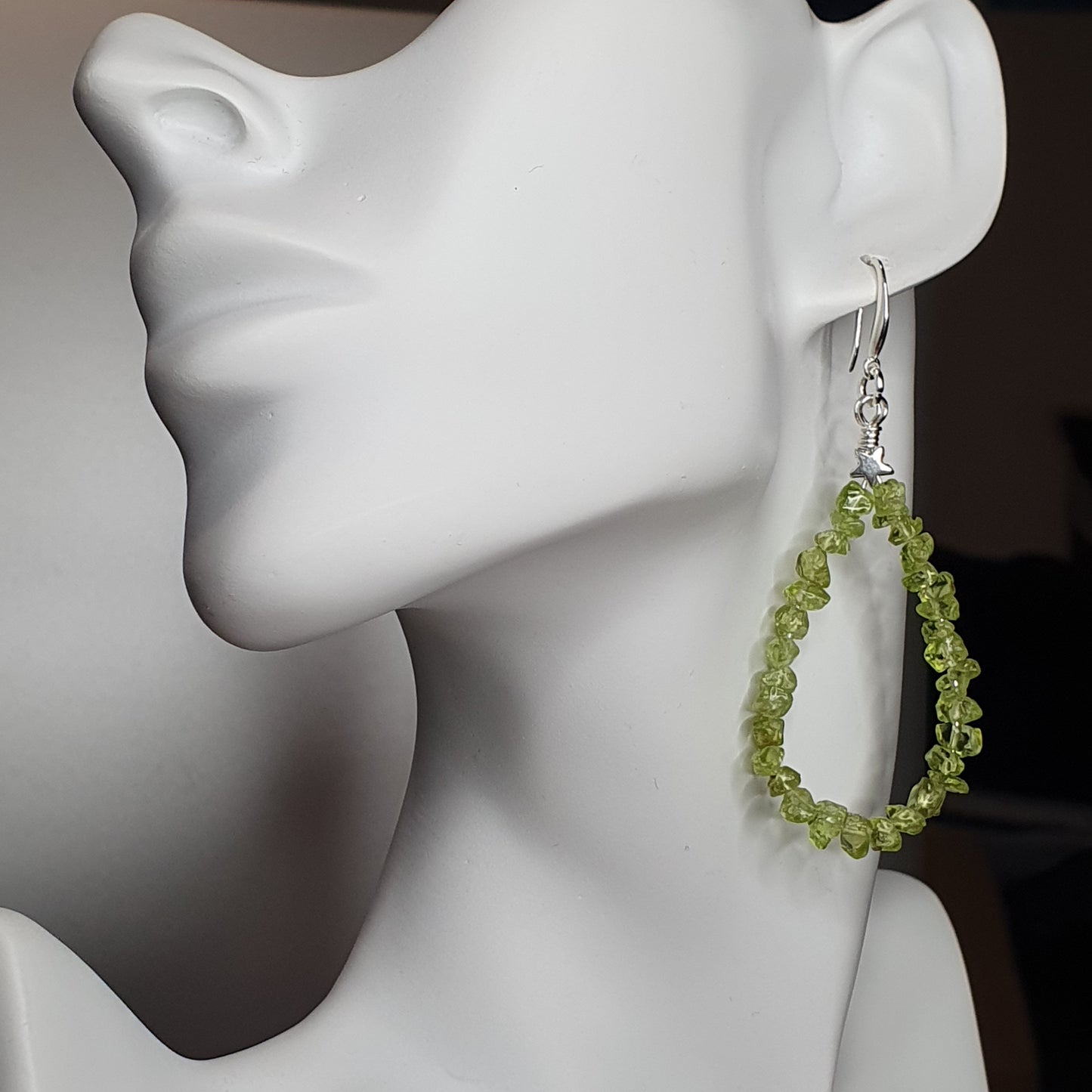 Beaded Olive Green Peridot Nuggets Teardrop Earrings Long Dangle Drop