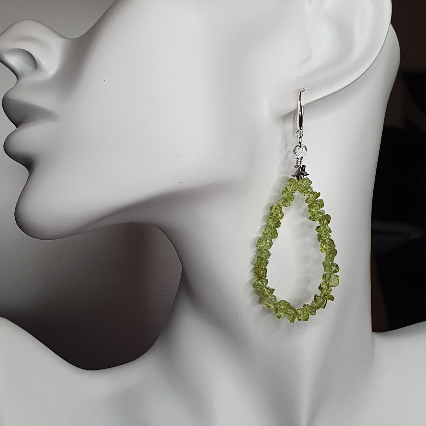 Beaded Olive Green Peridot Nuggets Teardrop Earrings Long Dangle Drop