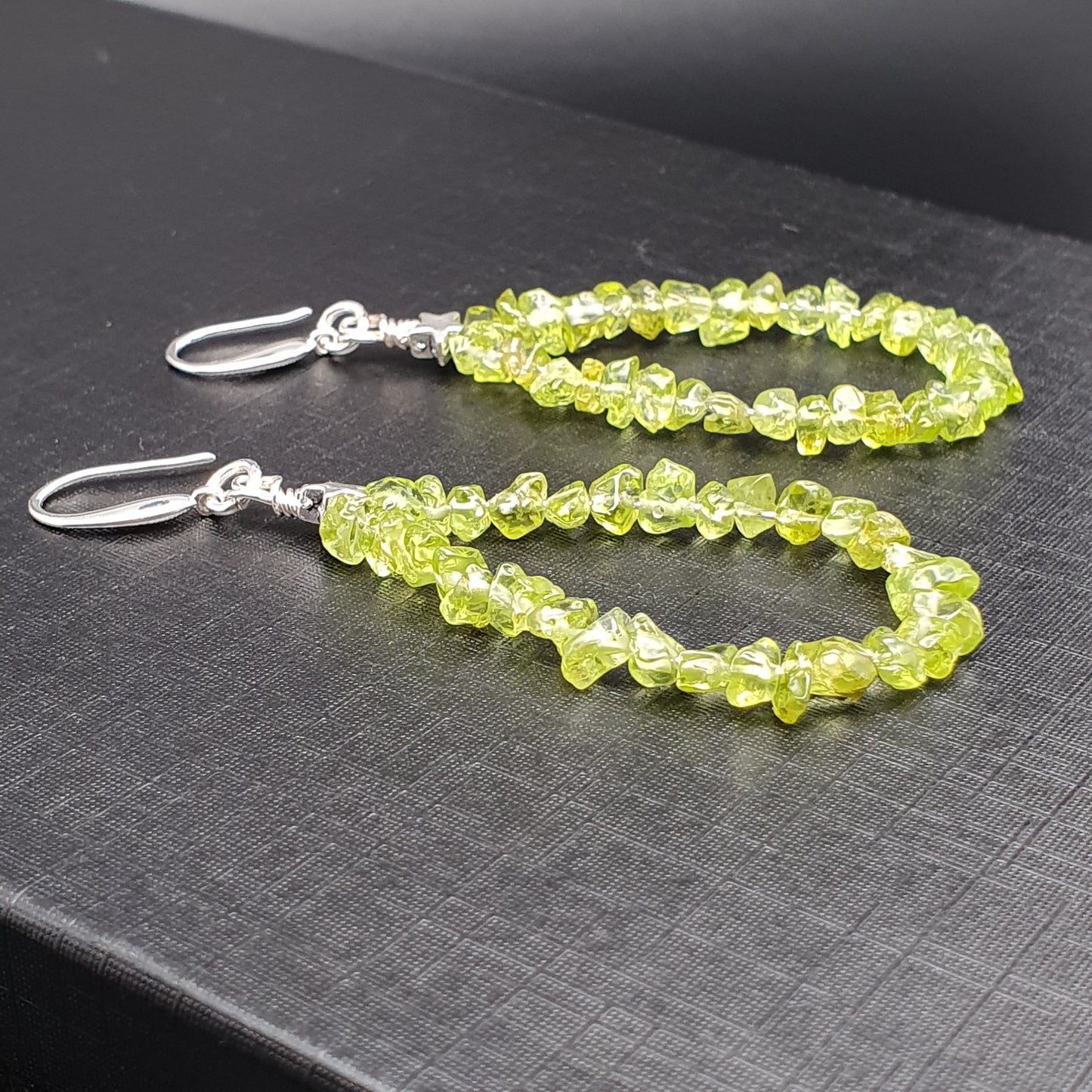 Beaded Olive Green Peridot Nuggets Teardrop Earrings Long Dangle Drop