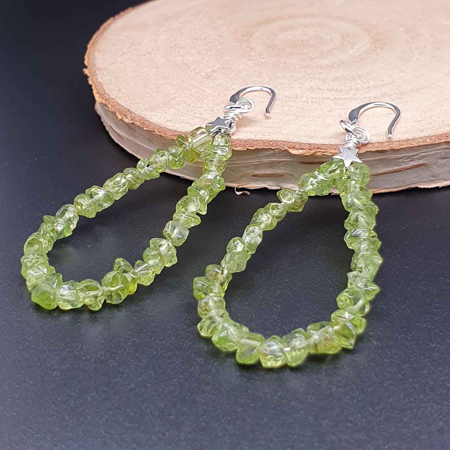 Beaded Olive Green Peridot Nuggets Teardrop Earrings Long Dangle Drop