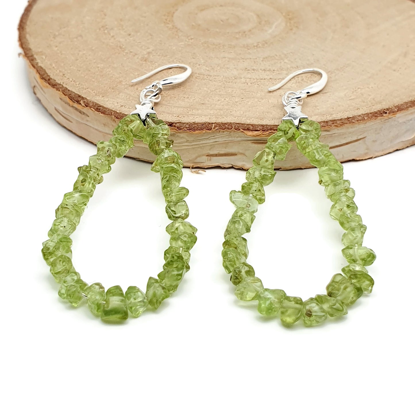 Beaded Olive Green Peridot Nuggets Teardrop Earrings Long Dangle Drop