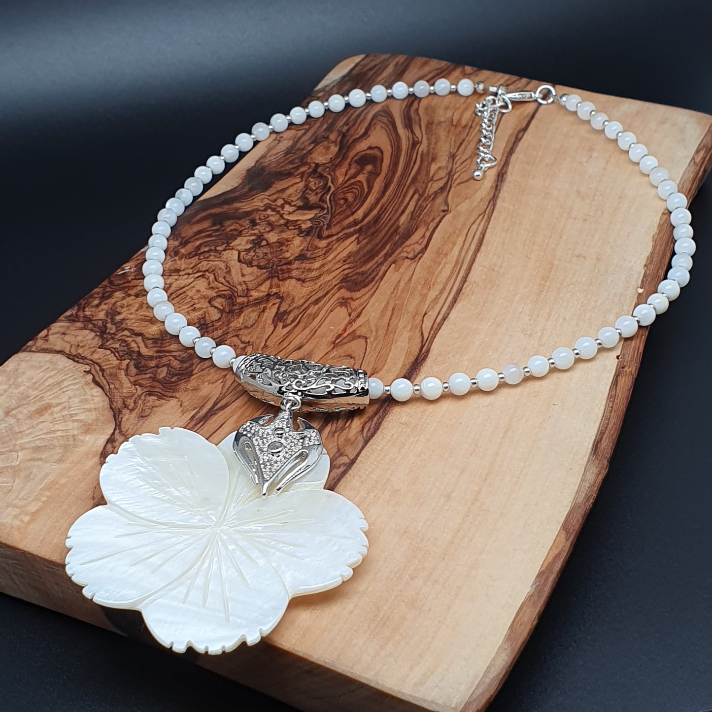 White Mother Of Pearl Beaded Collar Necklace Large Flower Pendant