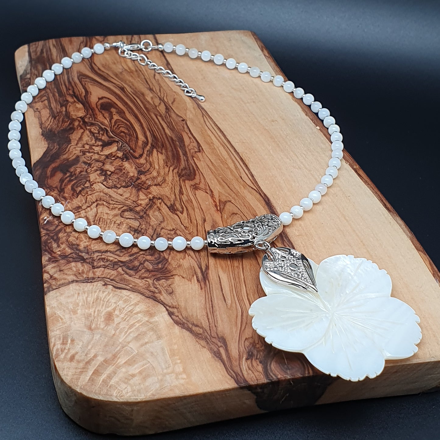 White Mother Of Pearl Beaded Collar Necklace Large Flower Pendant