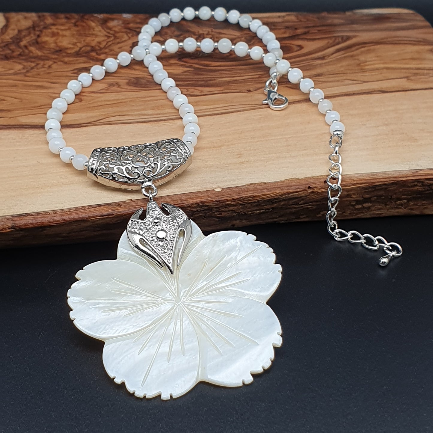 White Mother Of Pearl Beaded Collar Necklace Large Flower Pendant