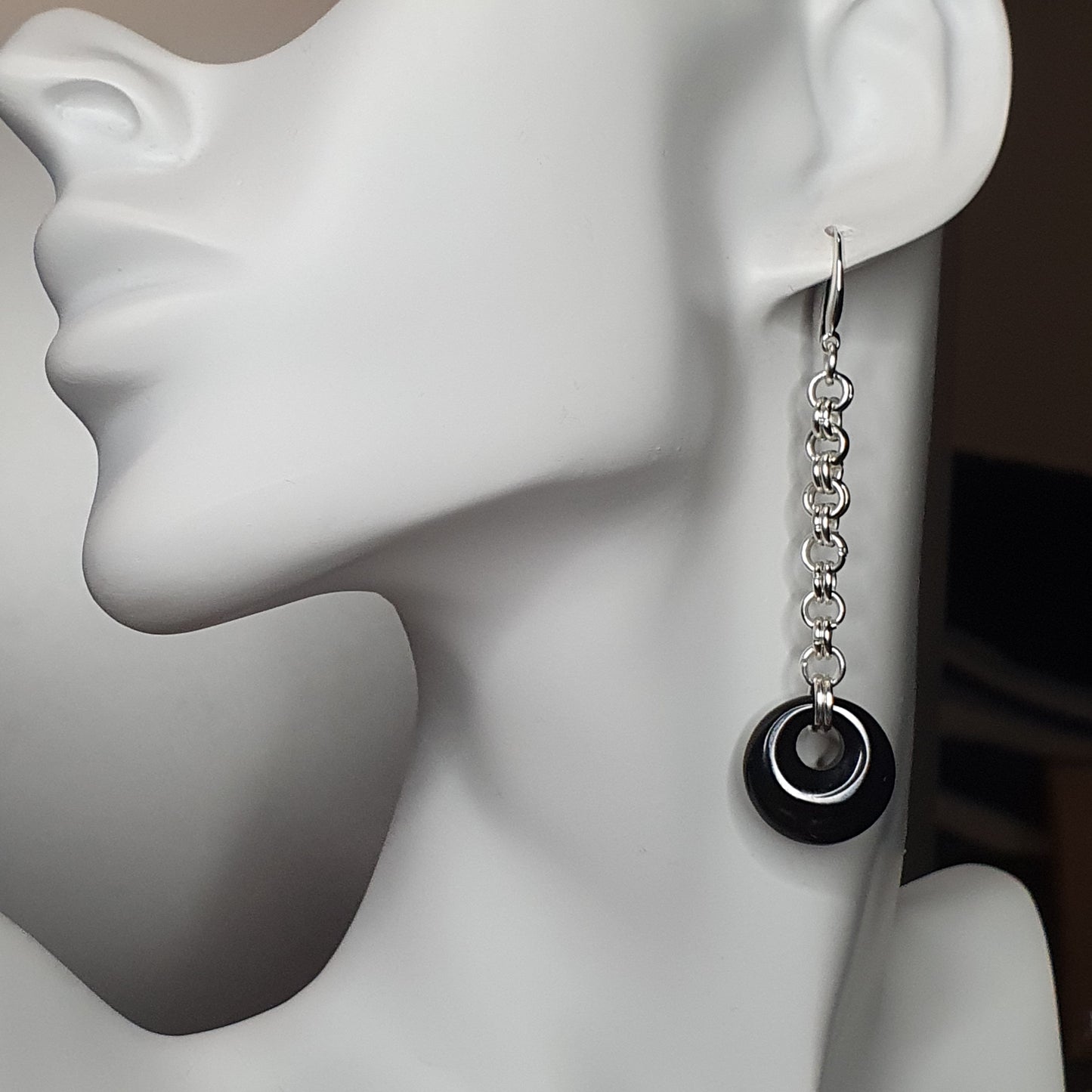 Black Agate Chainmail Long Dangle Drop Earrings