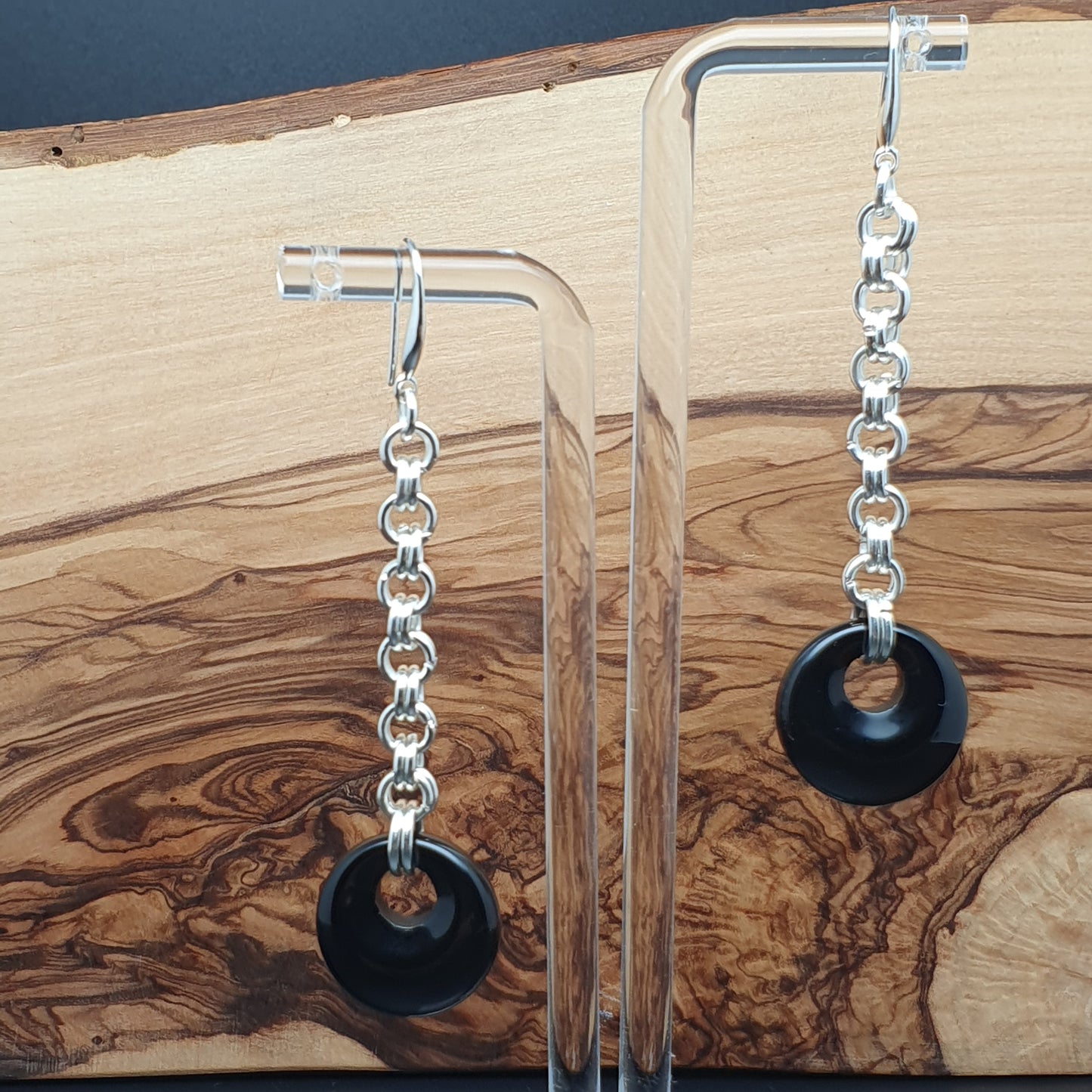 Black Agate Chainmail Long Dangle Drop Earrings