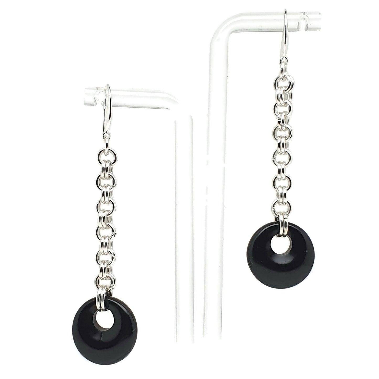 Black Agate Chainmail Long Dangle Drop Earrings