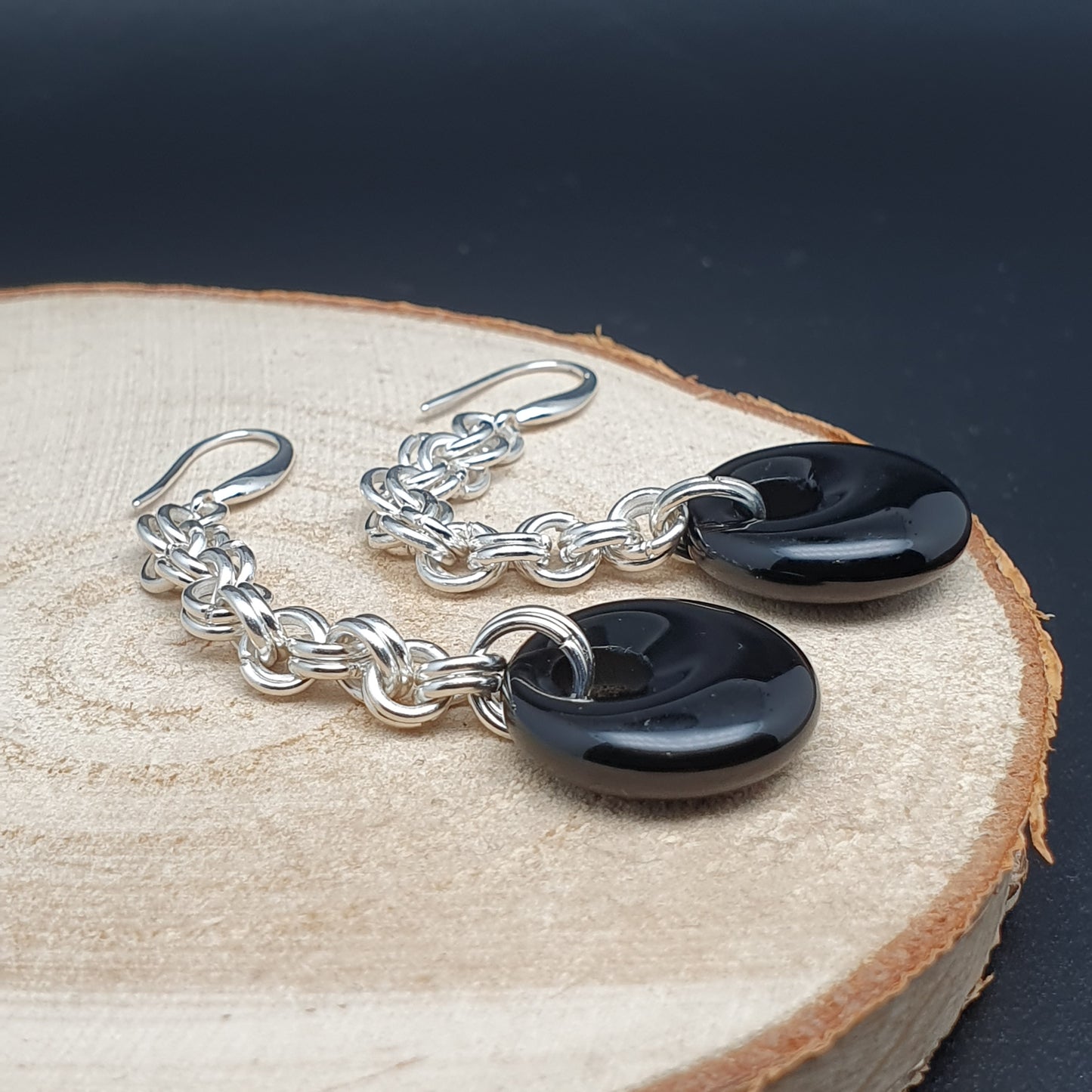 Black Agate Chainmail Long Dangle Drop Earrings