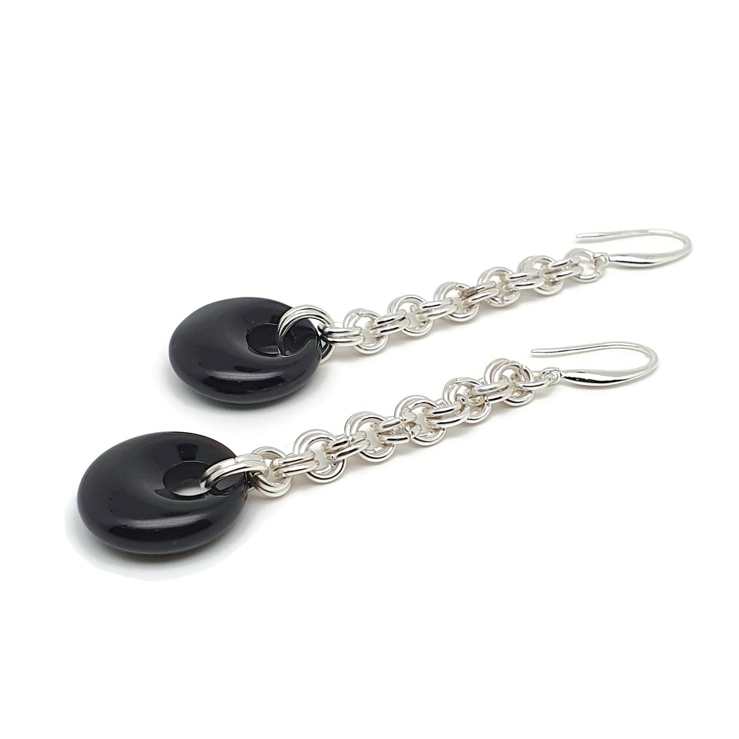 Black Agate Chainmail Long Dangle Drop Earrings