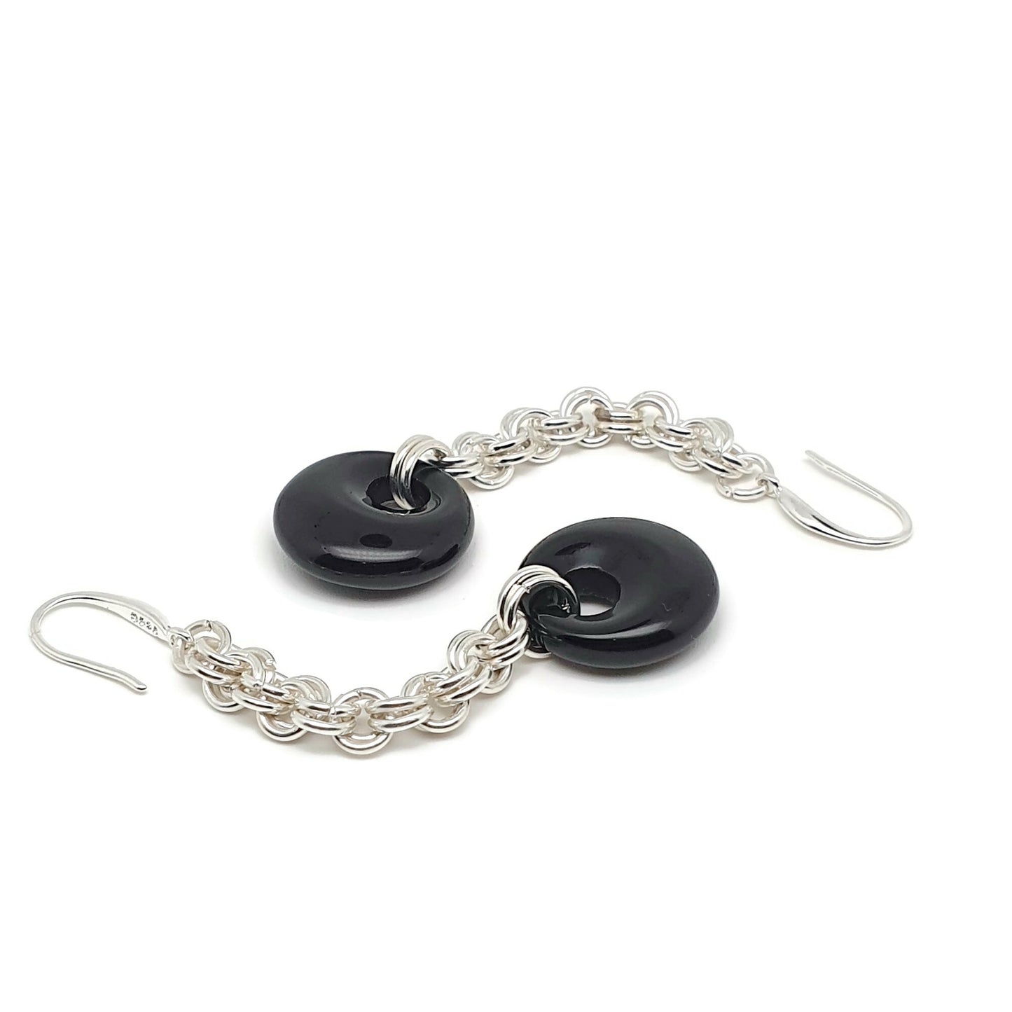 Black Agate Chainmail Long Dangle Drop Earrings